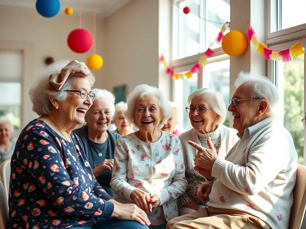 A diverse group of happy clients and caregivers interacting in a bright, modern community center, showcasing the inclusive and supportive environment of Tandem Services.
