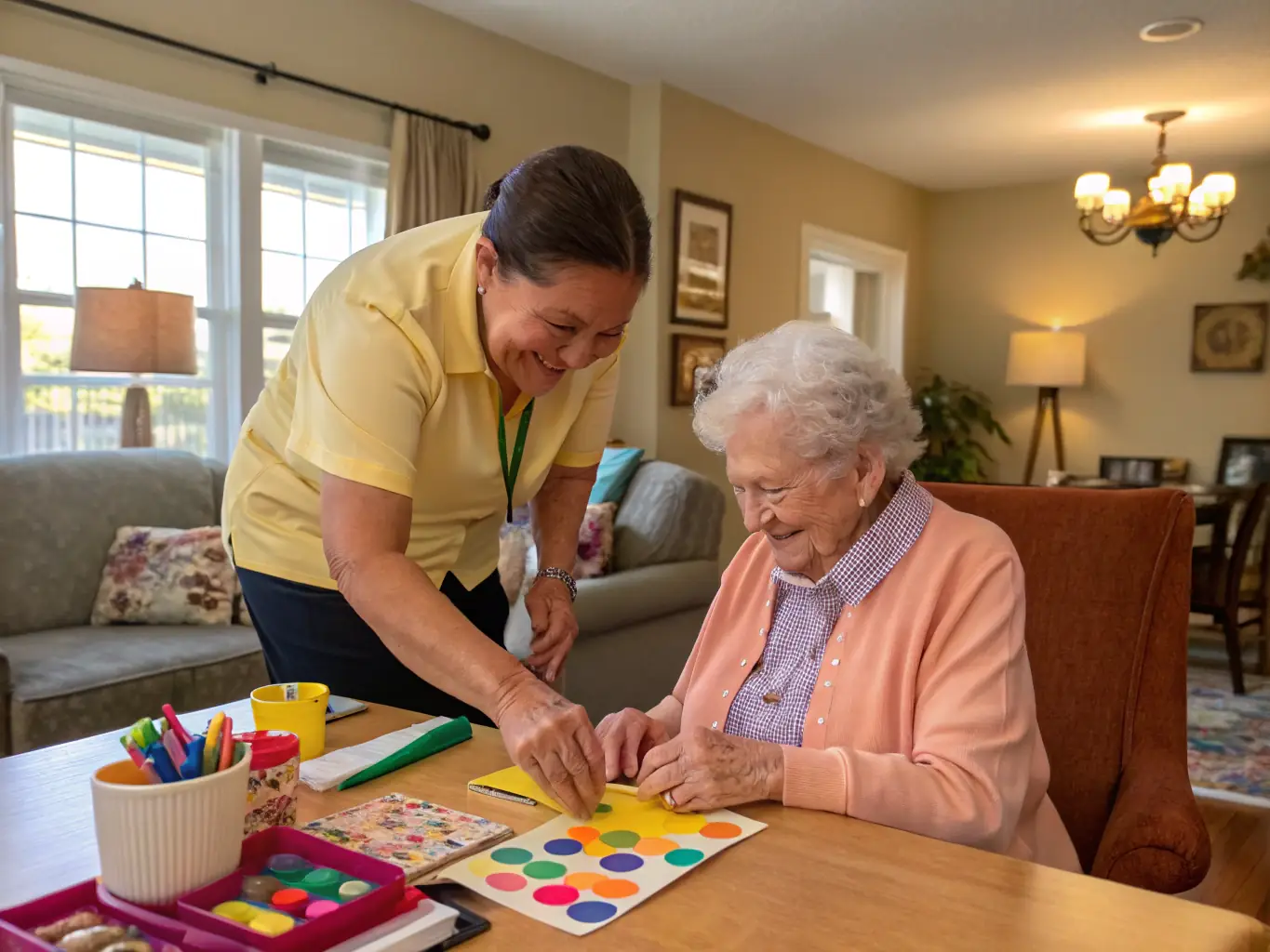 A caregiver smiling and assisting a senior client with a hobby in their home, emphasizing personalized attention and support.