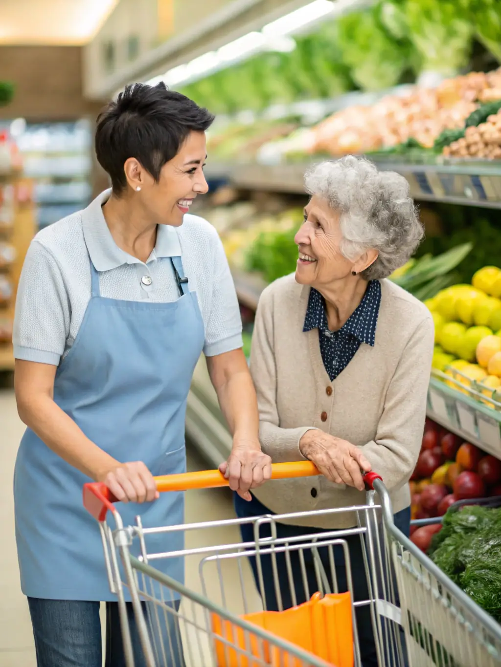 A friendly caregiver assisting a client with grocery shopping, showcasing Supported Community Living services.
